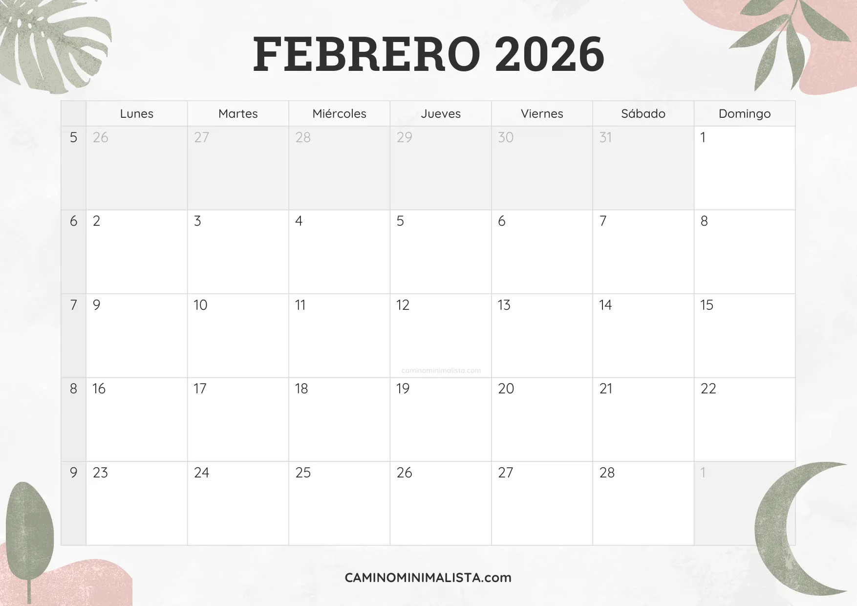 calendario febrero 2026 diseño acuarela bonito