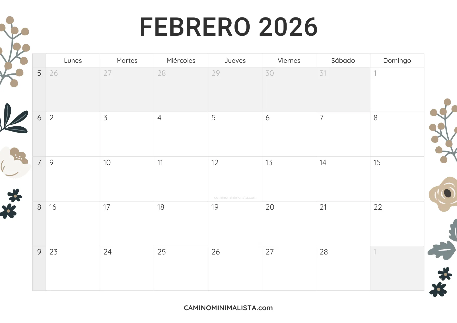 calendario febrero 2026 diseño vintage
