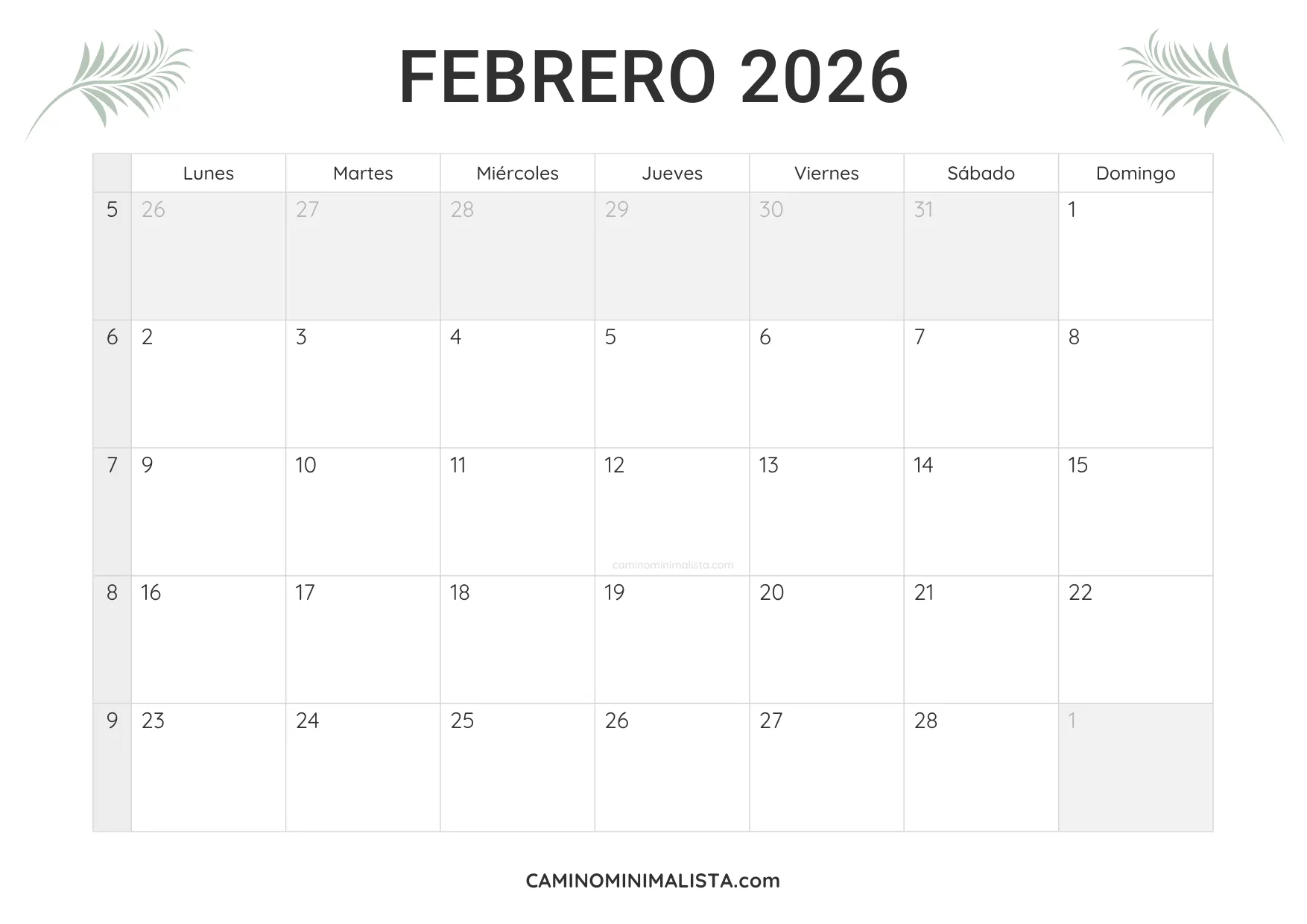 calendario febrero 2026 minimalista
