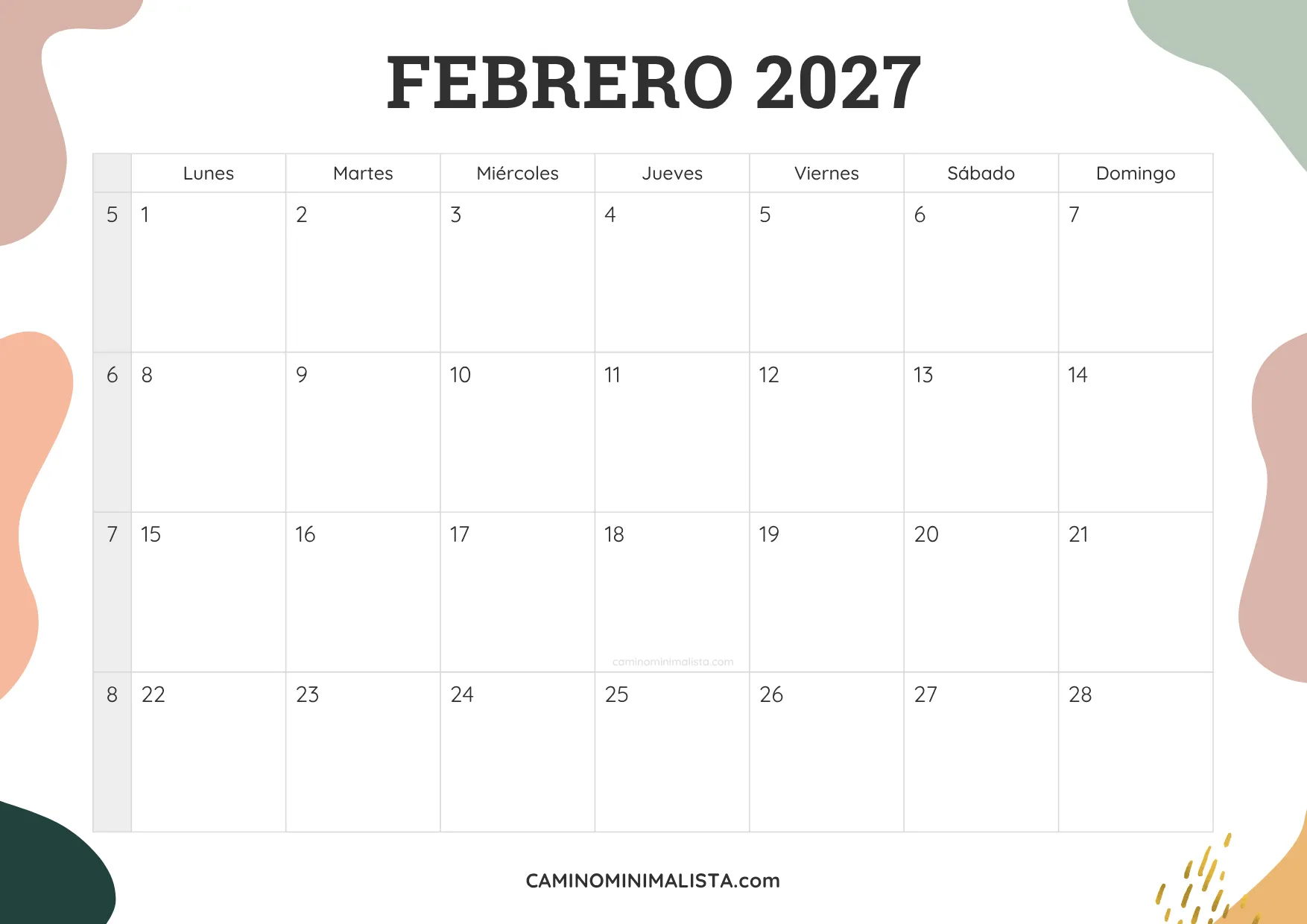 calendario febrero 2027 aesthetic