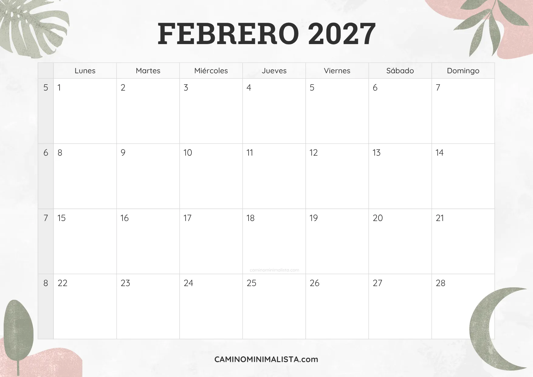 calendario febrero 2027 diseño acuarela bonito