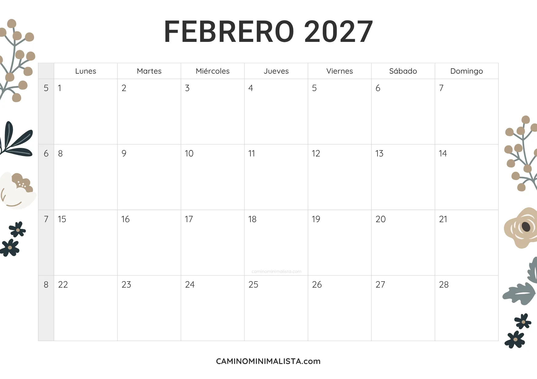 calendario febrero 2027 diseño vintage