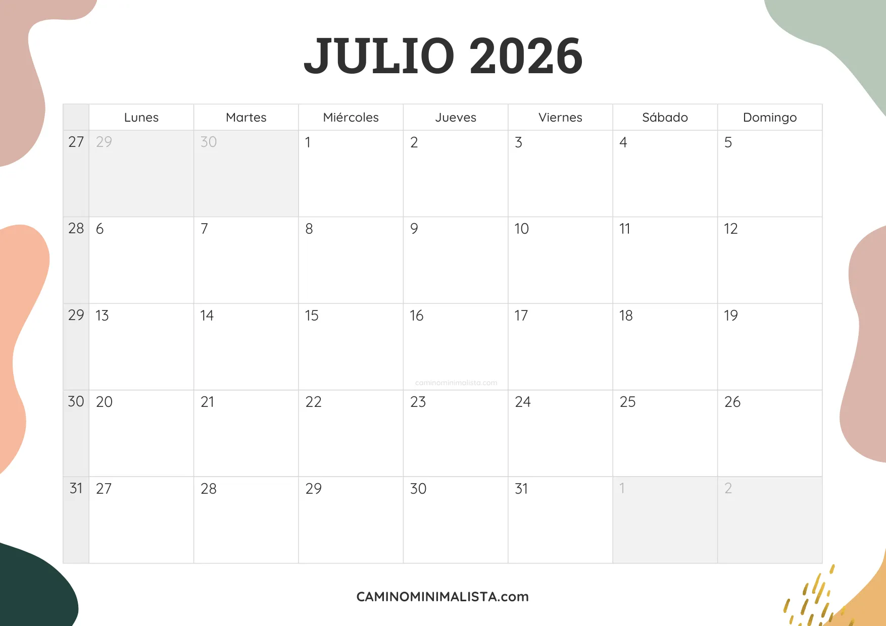 calendario julio 2026 aesthetic