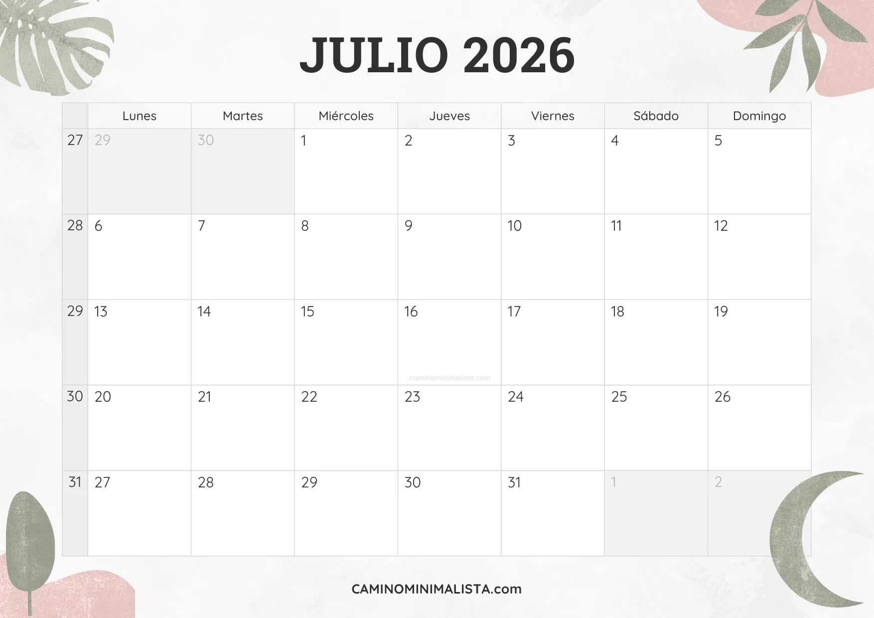calendario julio 2026 diseño acuarela bonito