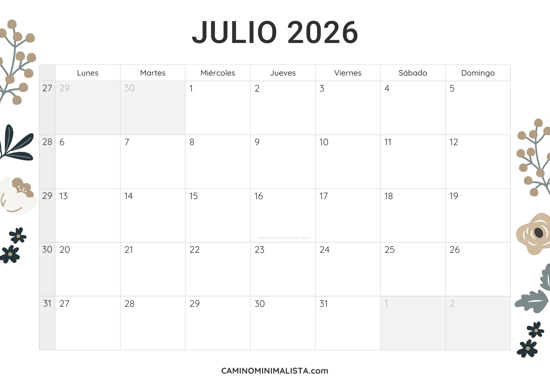 calendario julio 2026 diseño vintage