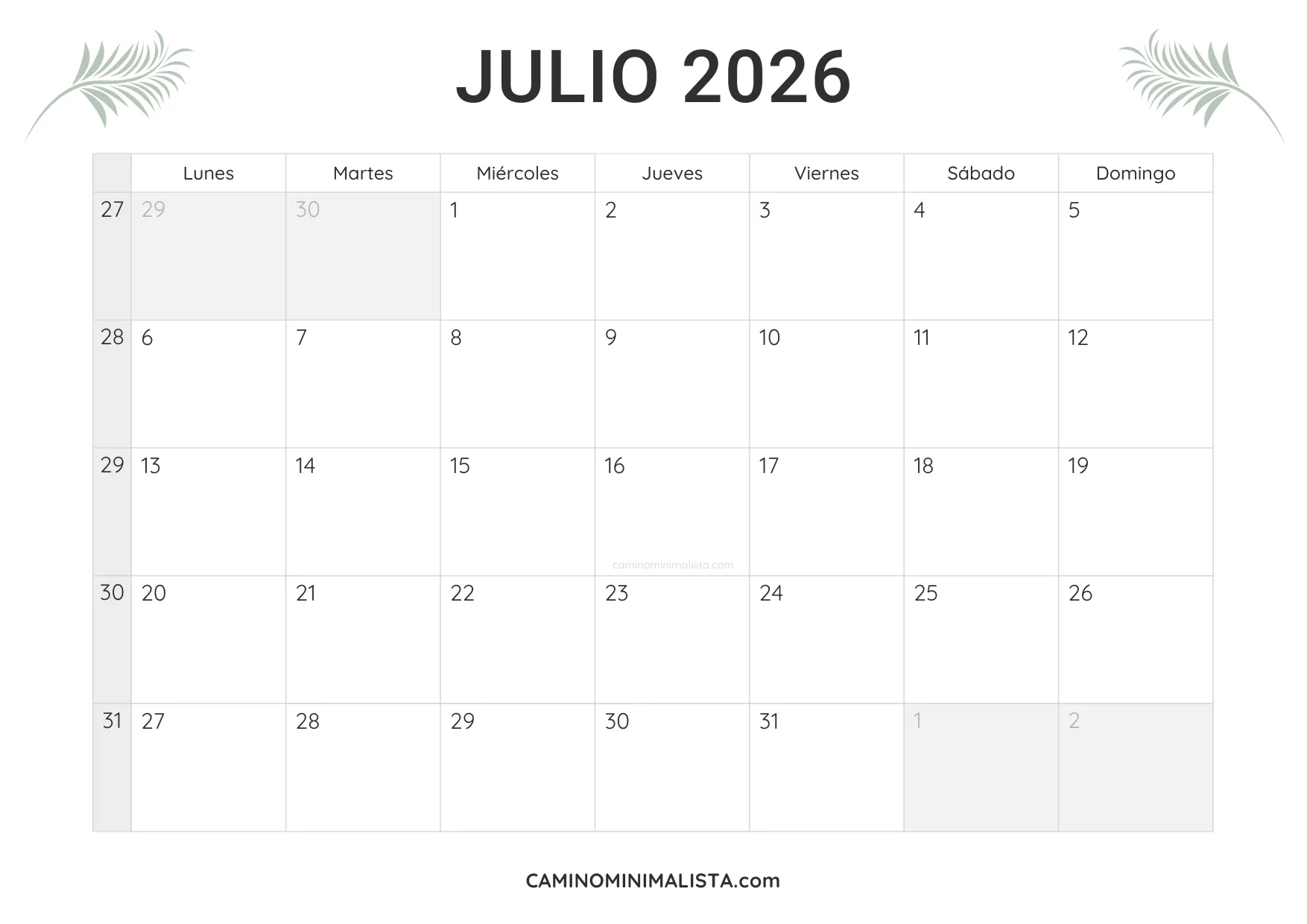 calendario julio 2026 minimalista