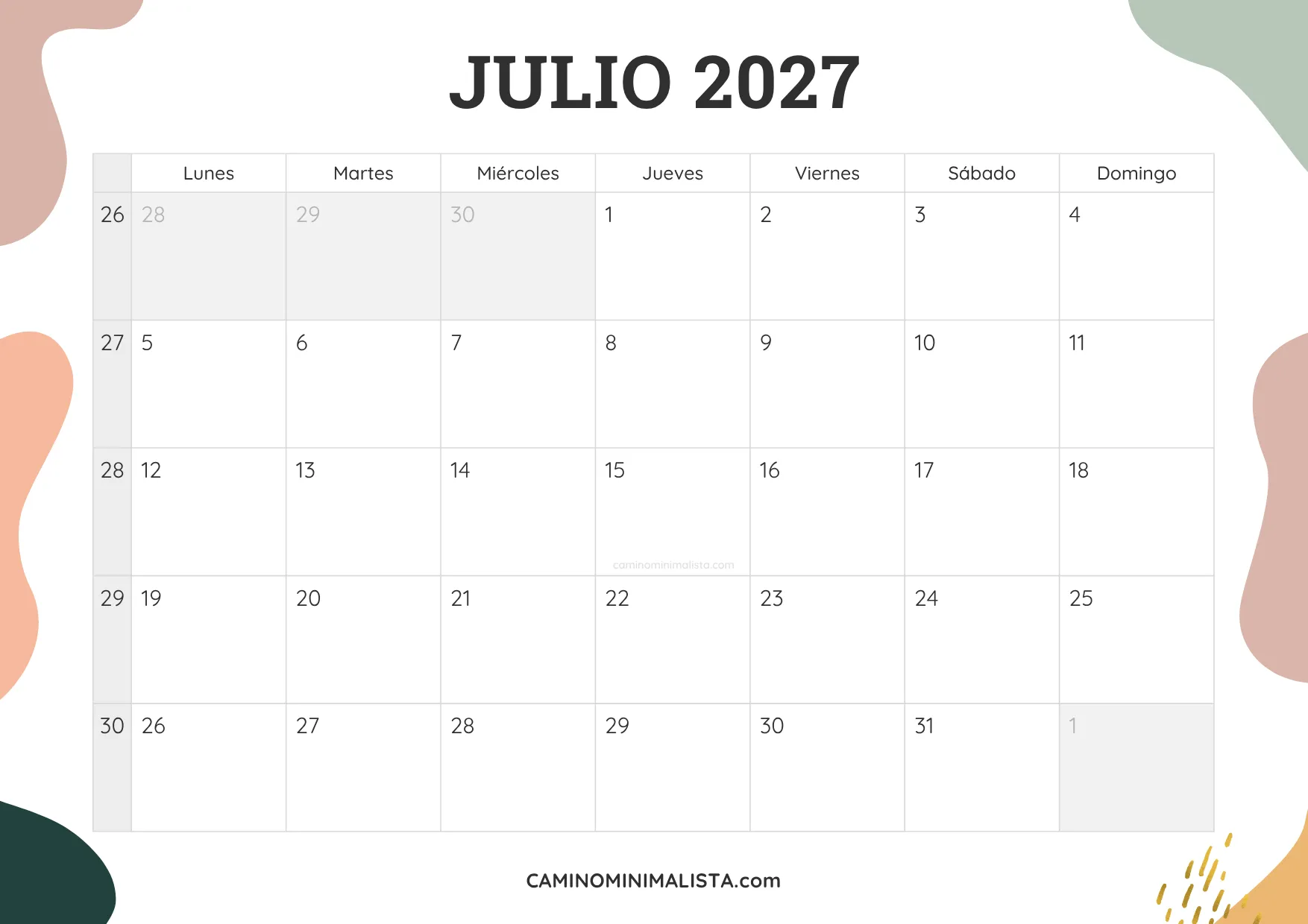 calendario julio 2027 aesthetic