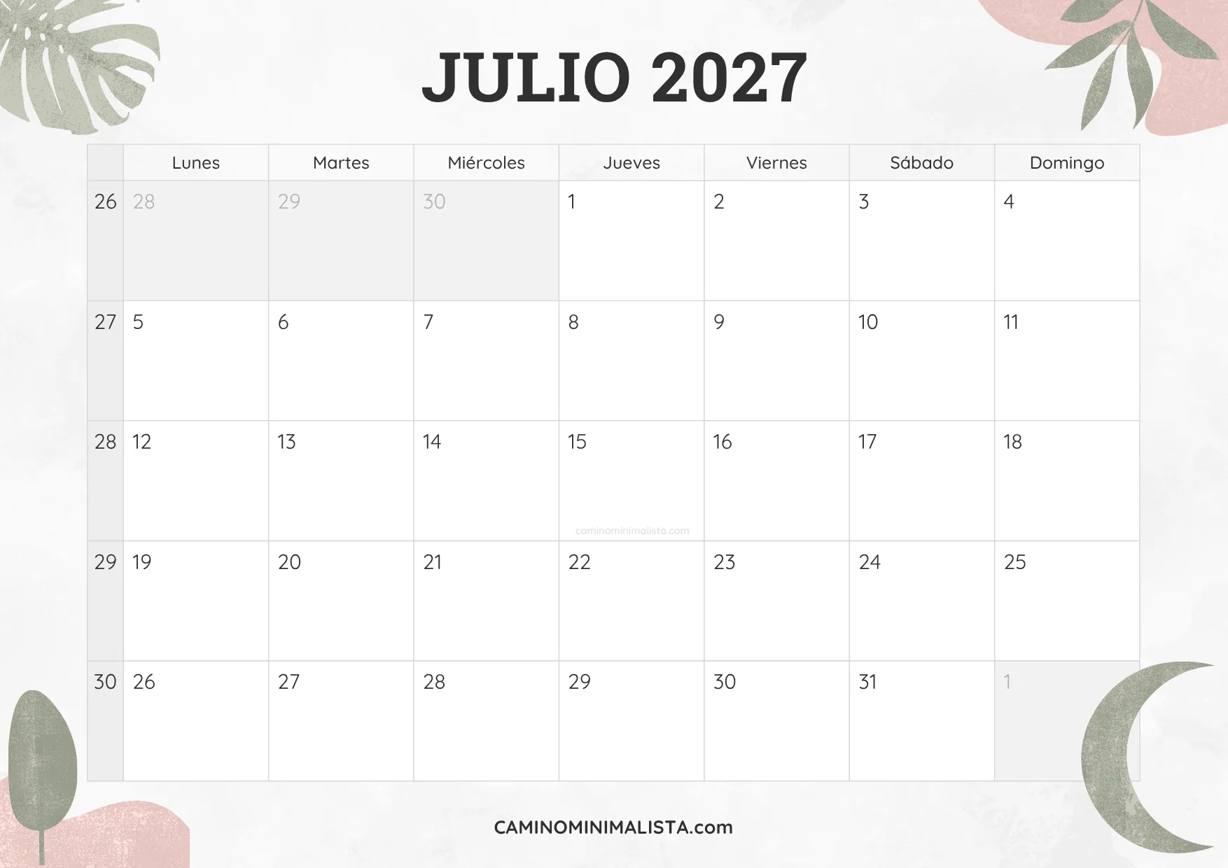 calendario julio 2027 diseño acuarela bonito