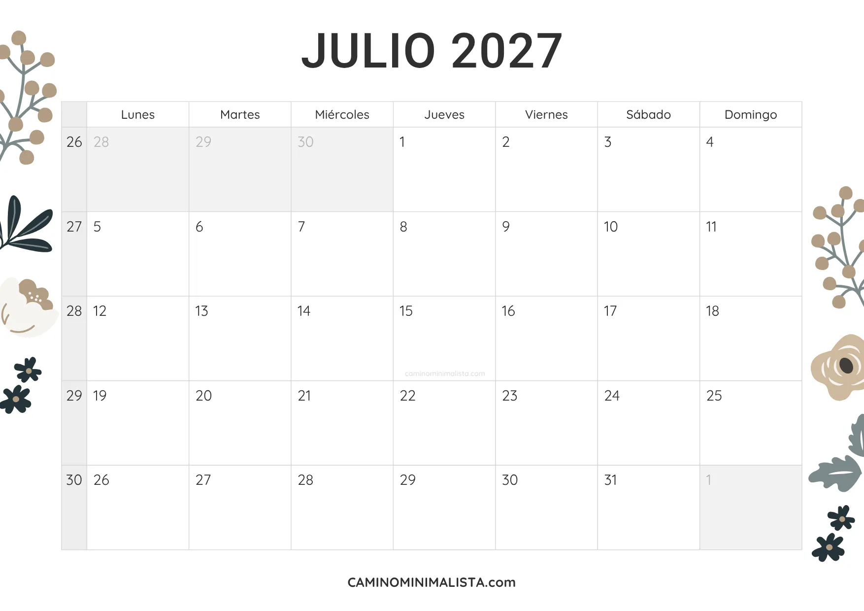 calendario julio 2027 diseño vintage
