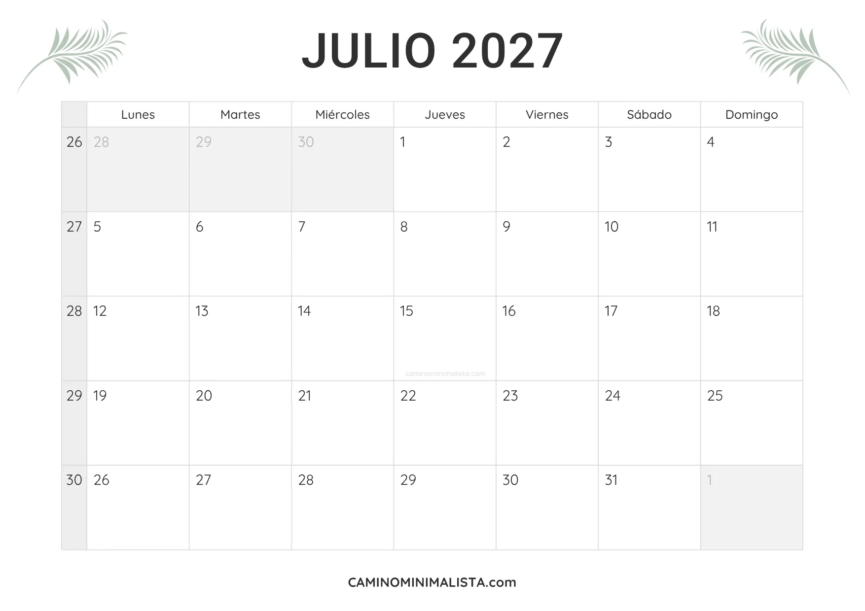 calendario julio 2027 minimalista