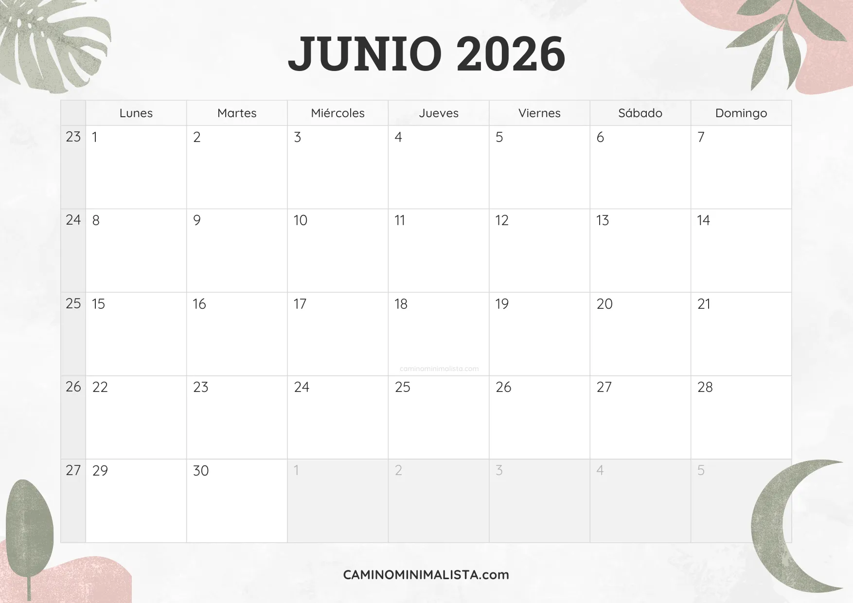 calendario junio 2026 diseño acuarela bonito