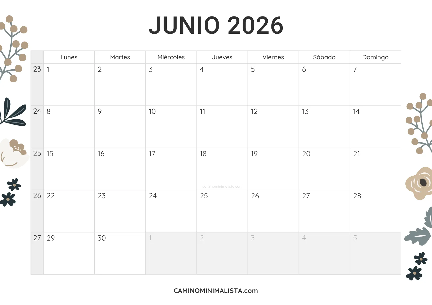 calendario junio 2026 diseño vintage