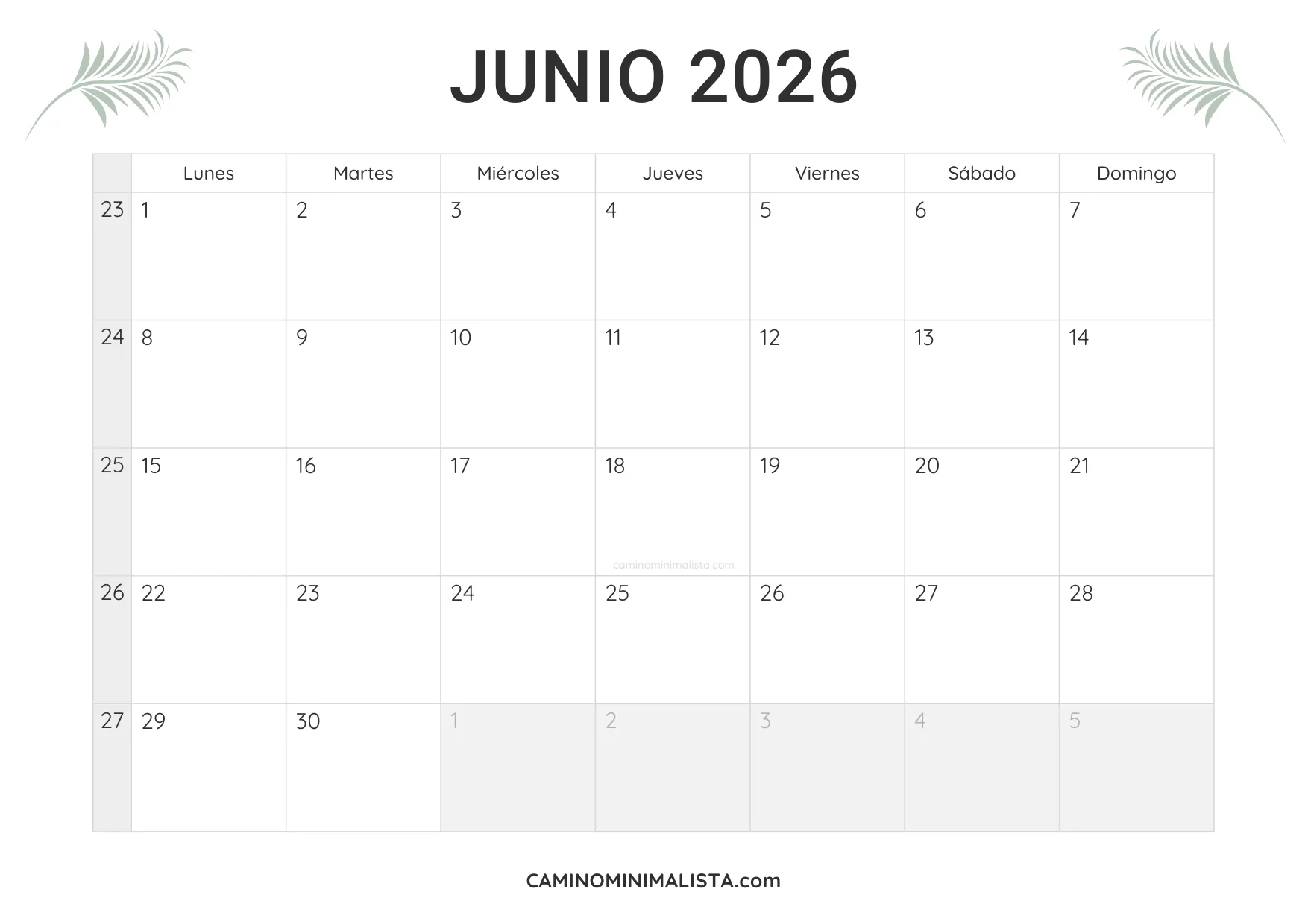 calendario junio 2026 minimalista