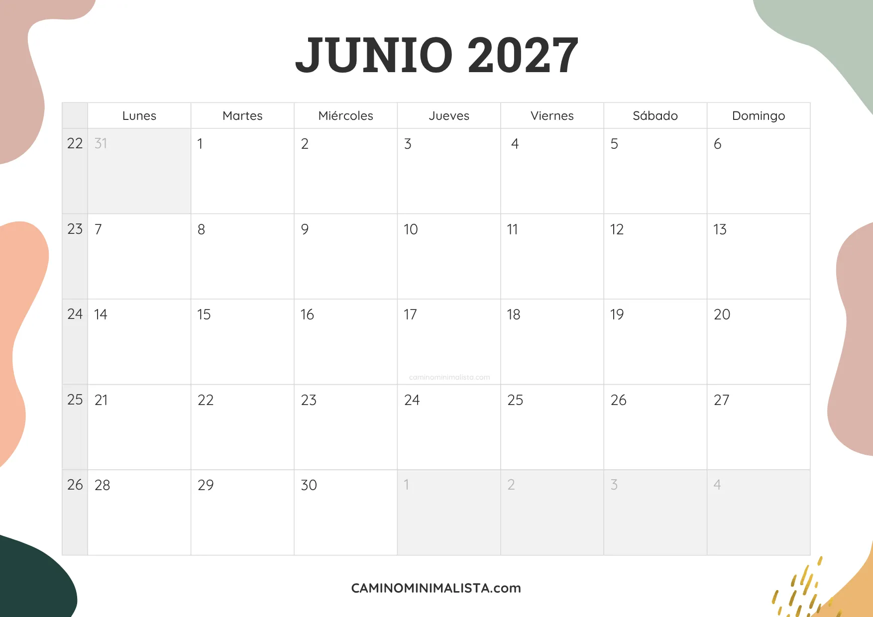 calendario junio 2027 aesthetic