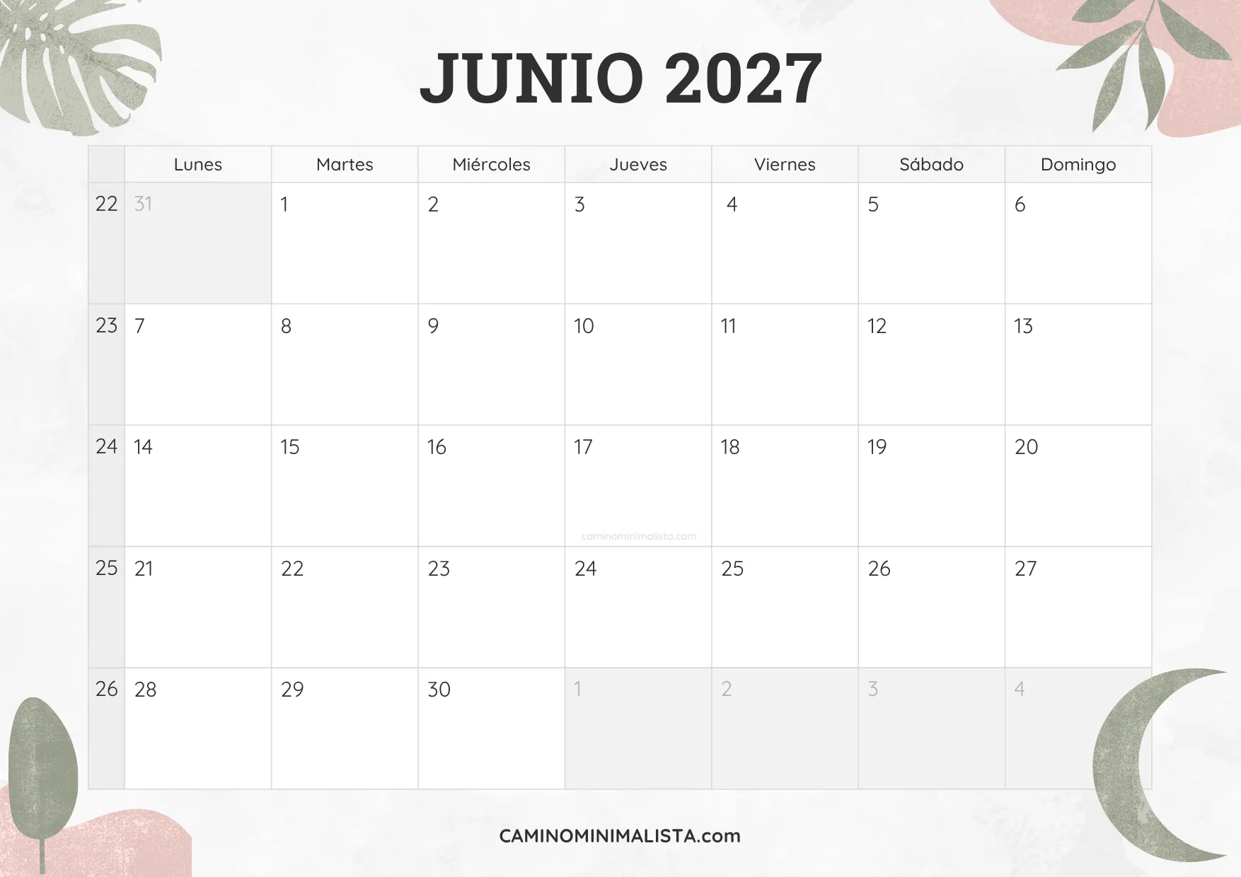 calendario junio 2027 diseño acuarela bonito