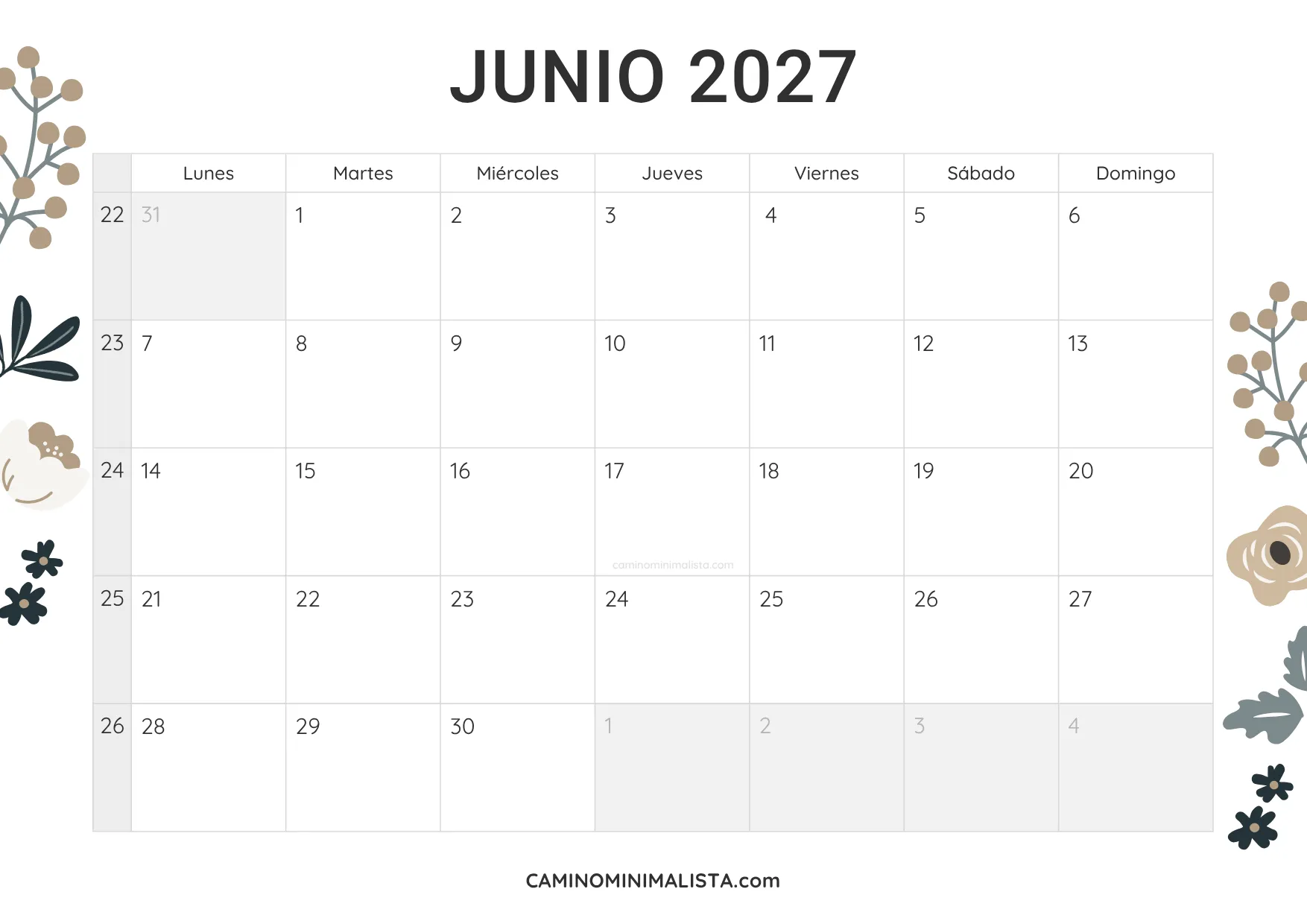 calendario junio 2027 diseño vintage