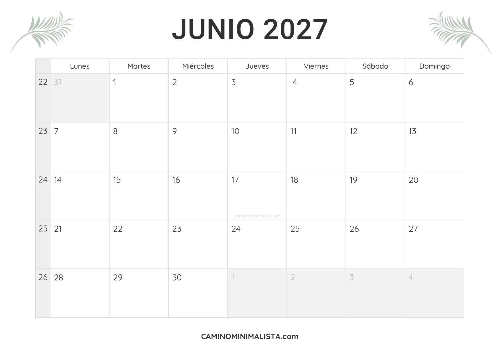 calendario junio 2027 minimalista