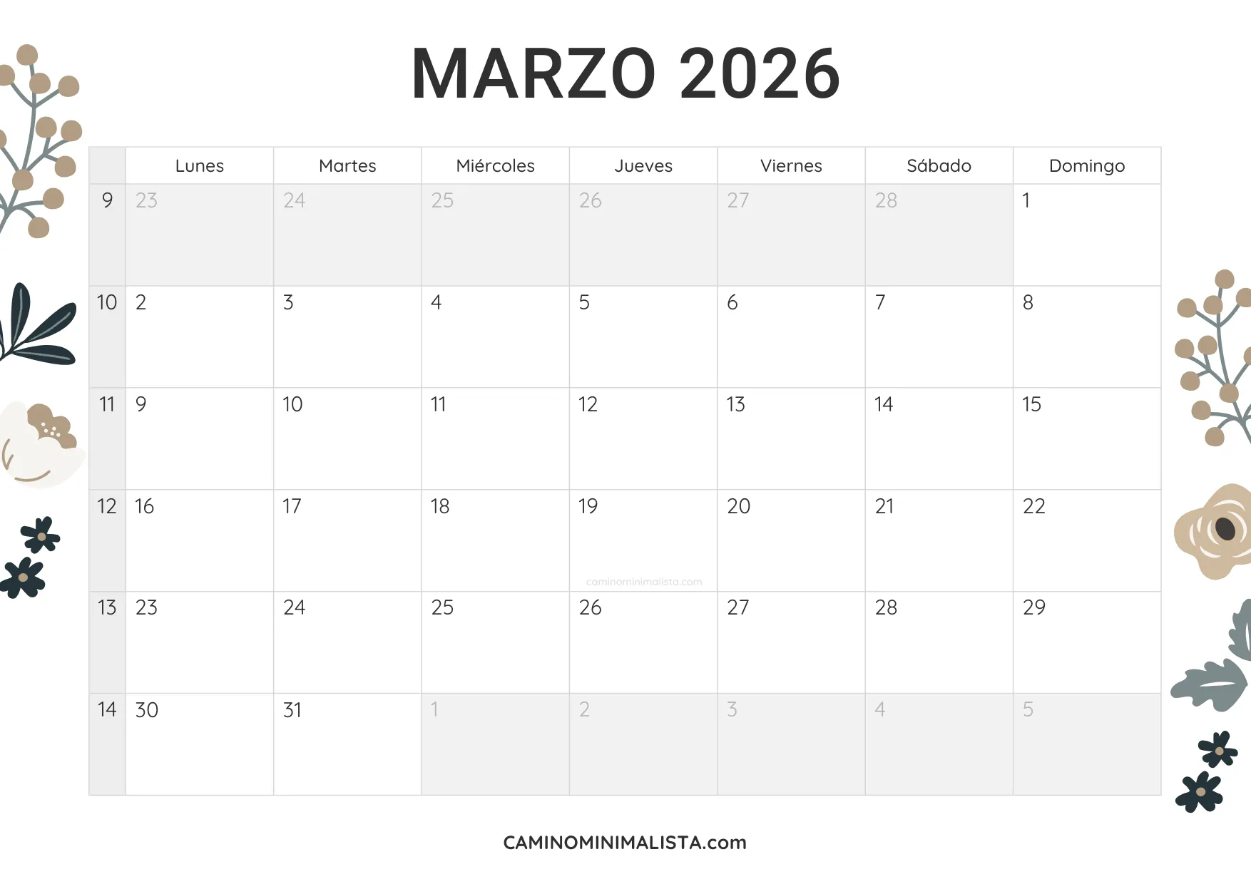 calendario marzo 2026 diseño vintage