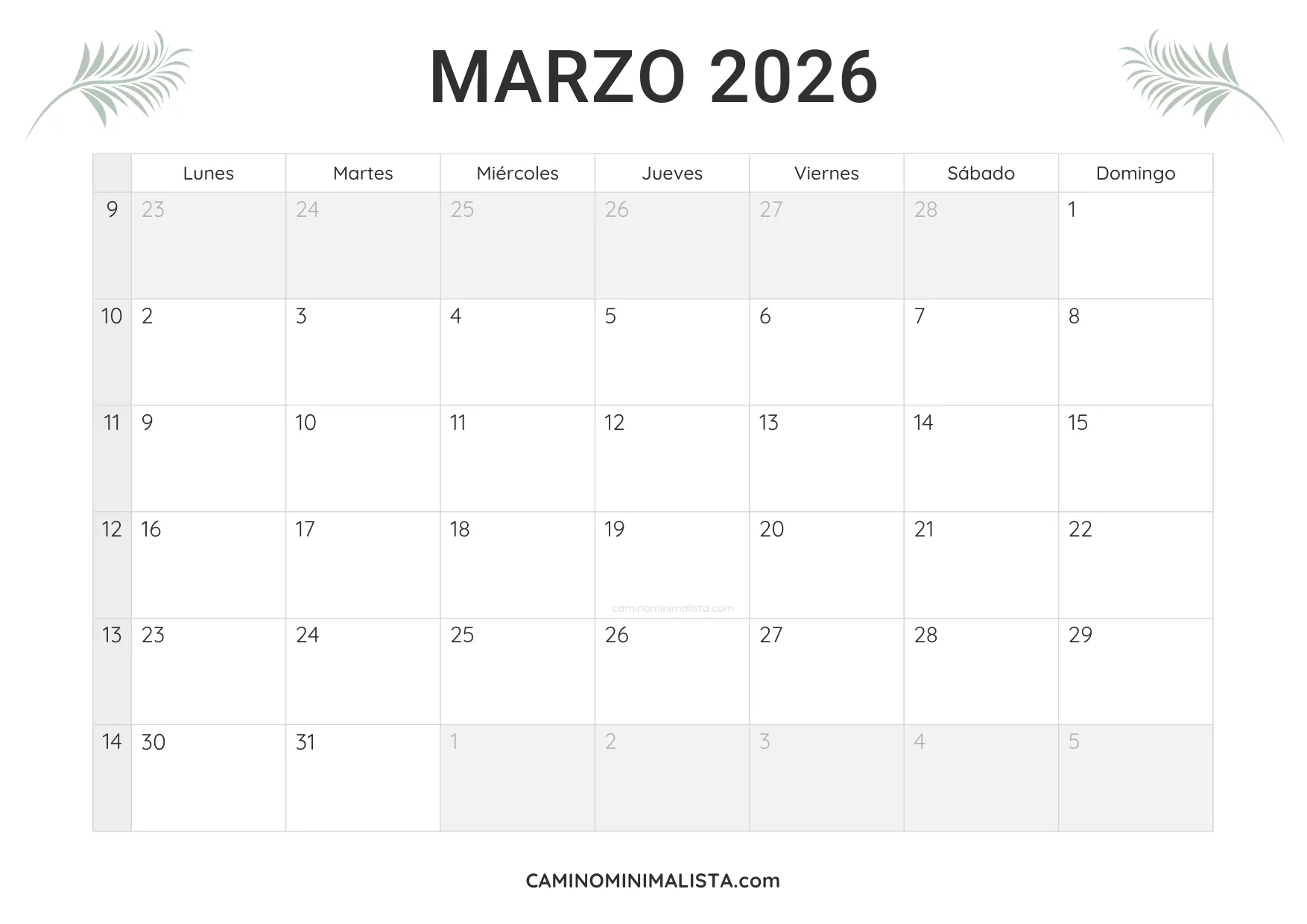 calendario marzo 2026 minimalista