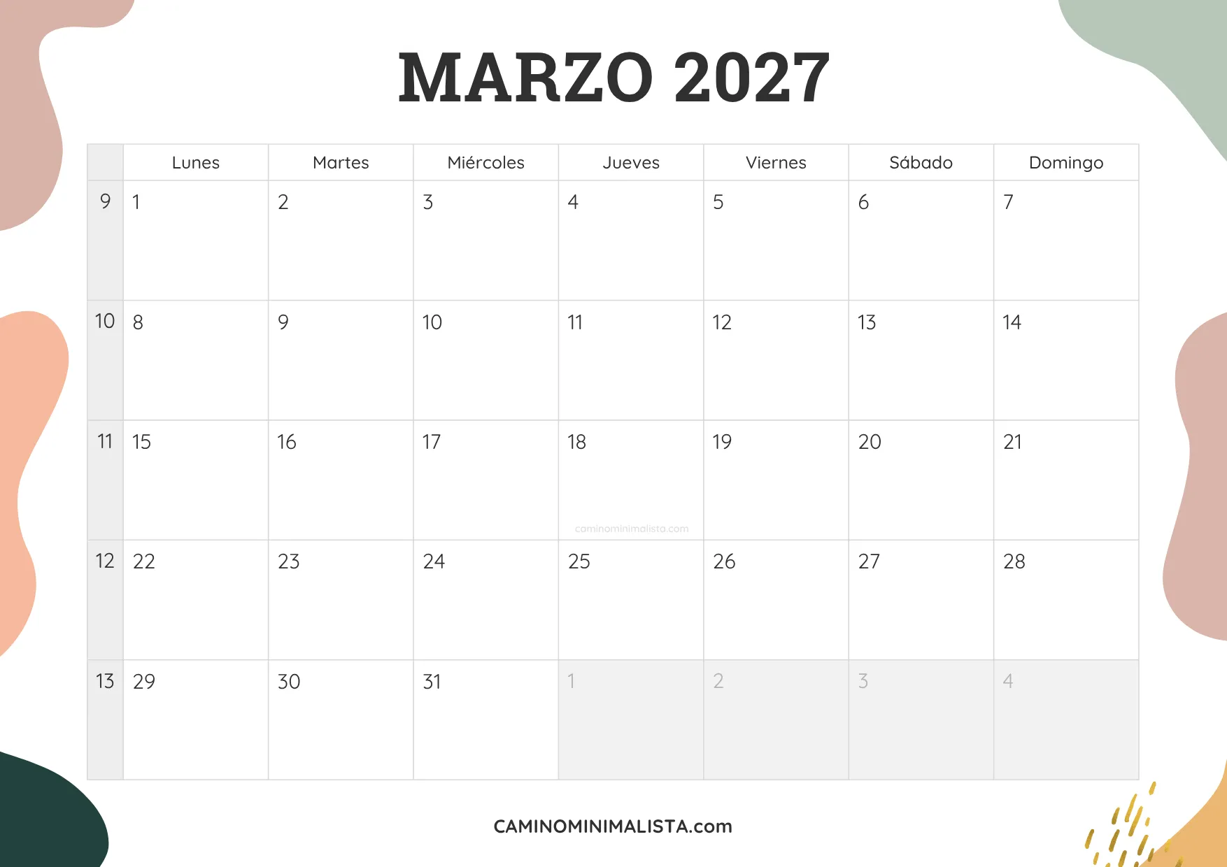 calendario marzo 2027 aesthetic