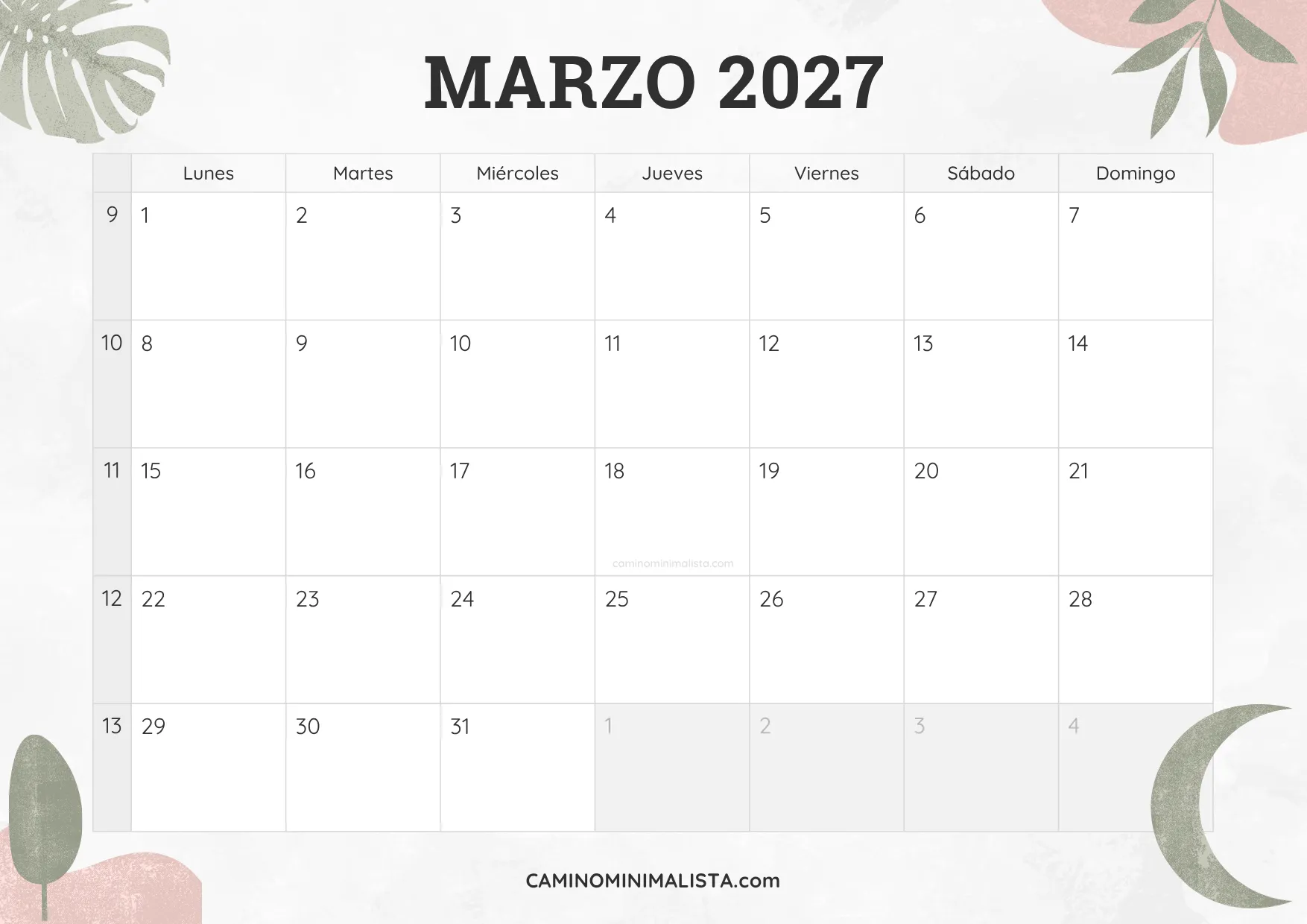 calendario marzo 2027 diseño acuarela bonito