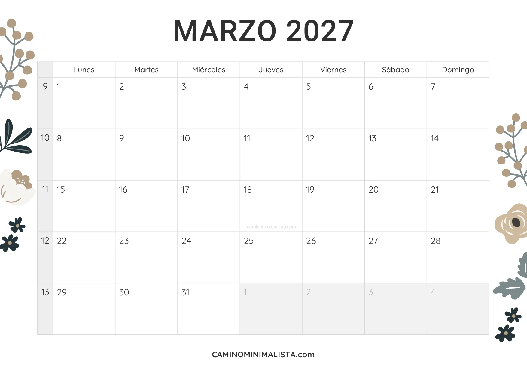 calendario marzo 2027 diseño vintage
