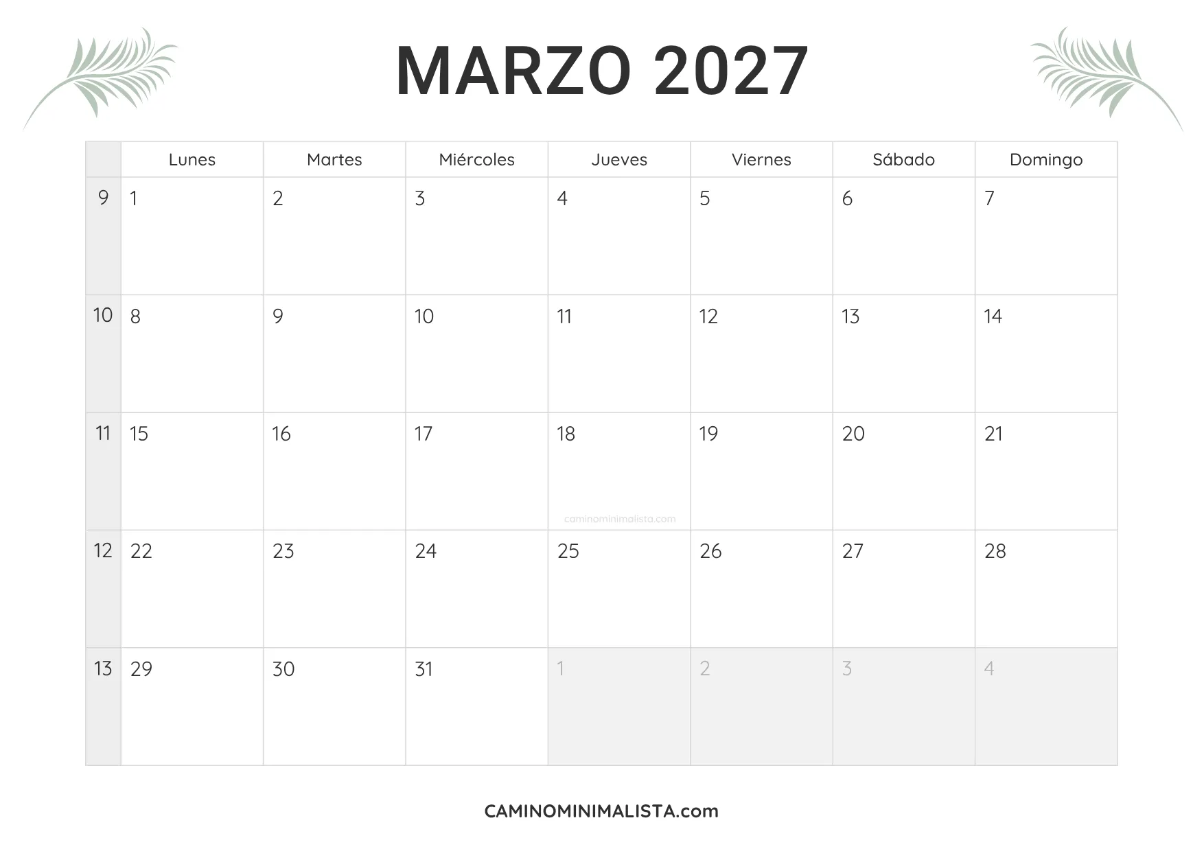calendario marzo 2027 minimalista