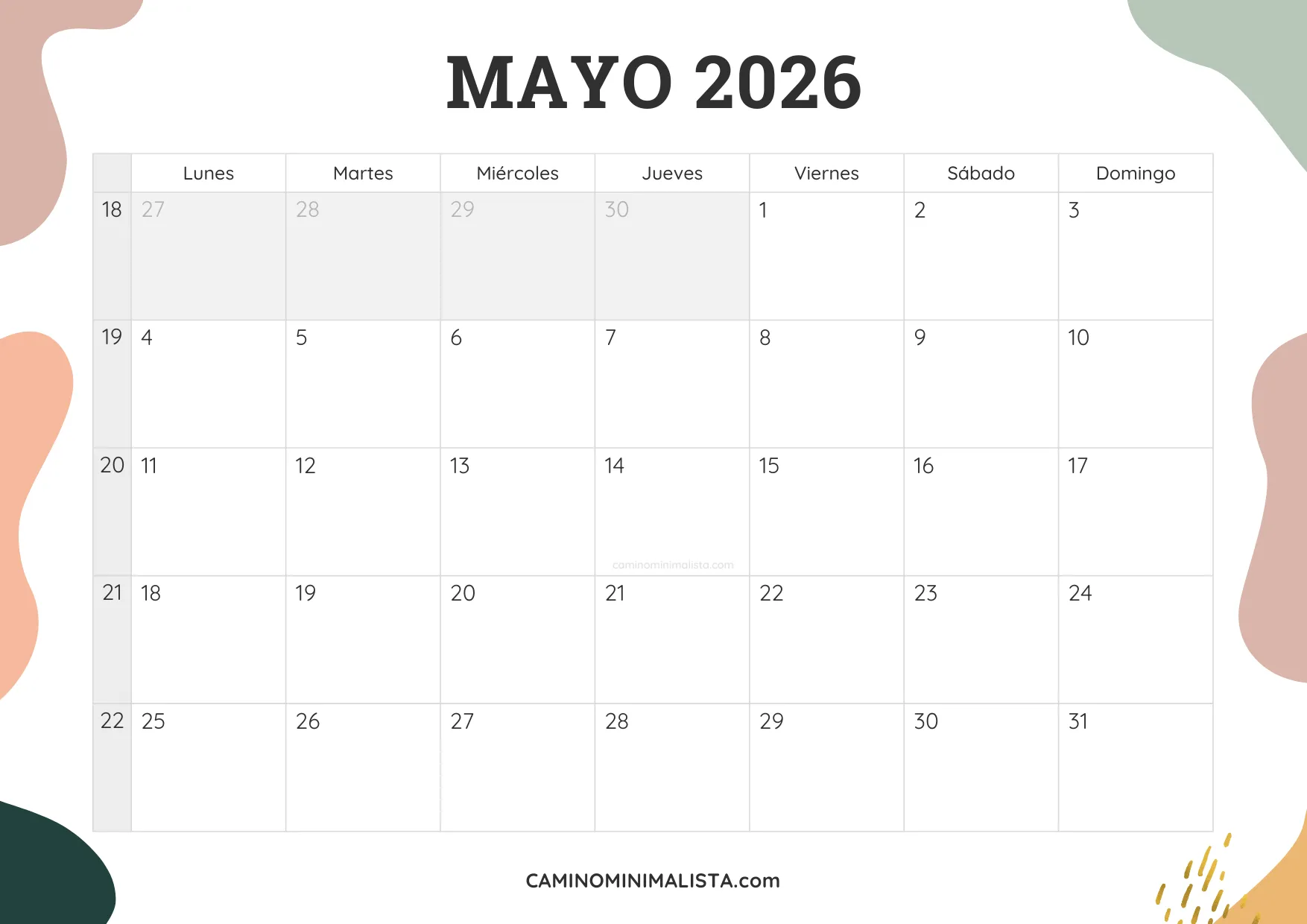 calendario mayo 2026 aesthetic