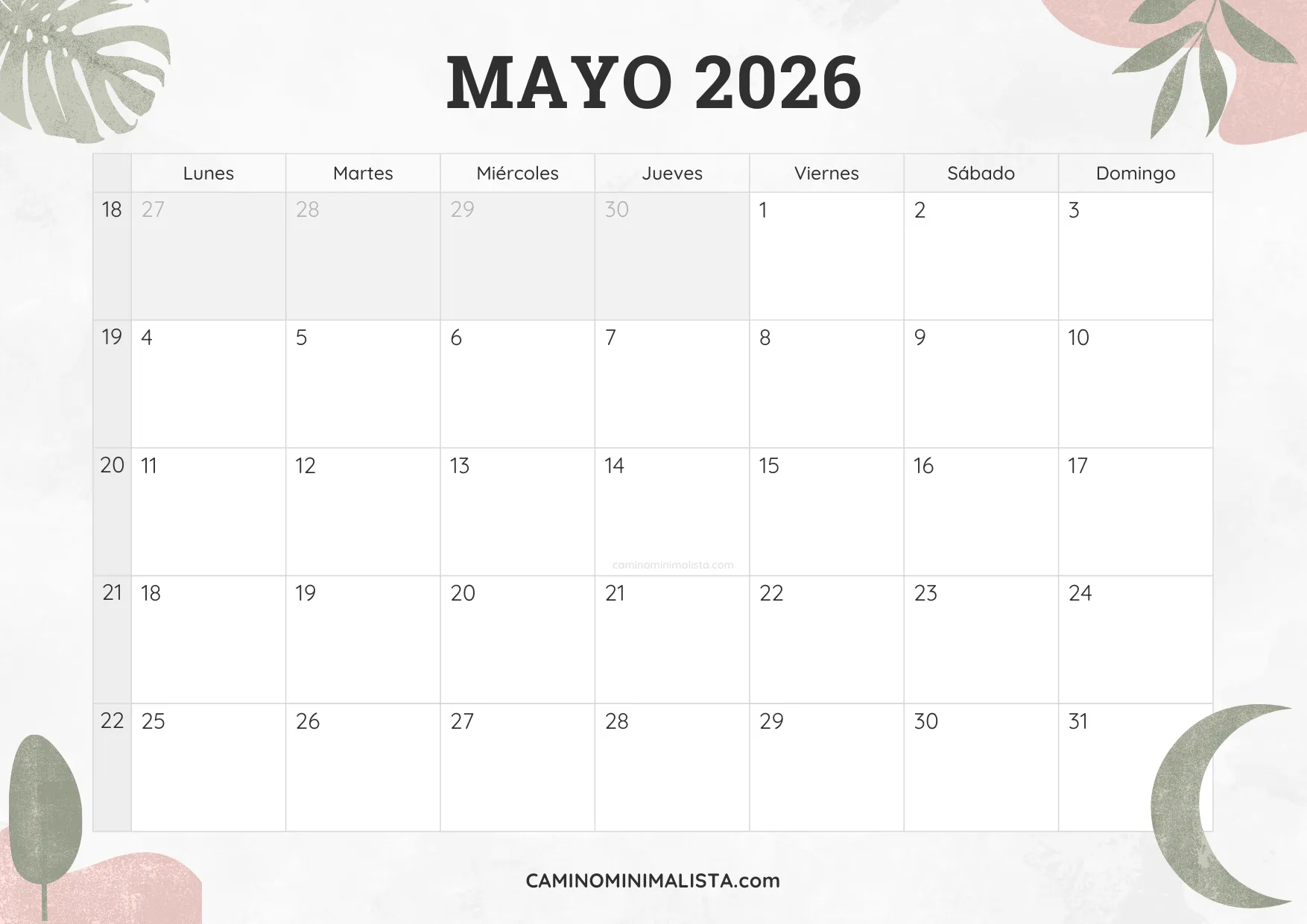 calendario mayo 2026 diseño acuarela bonito