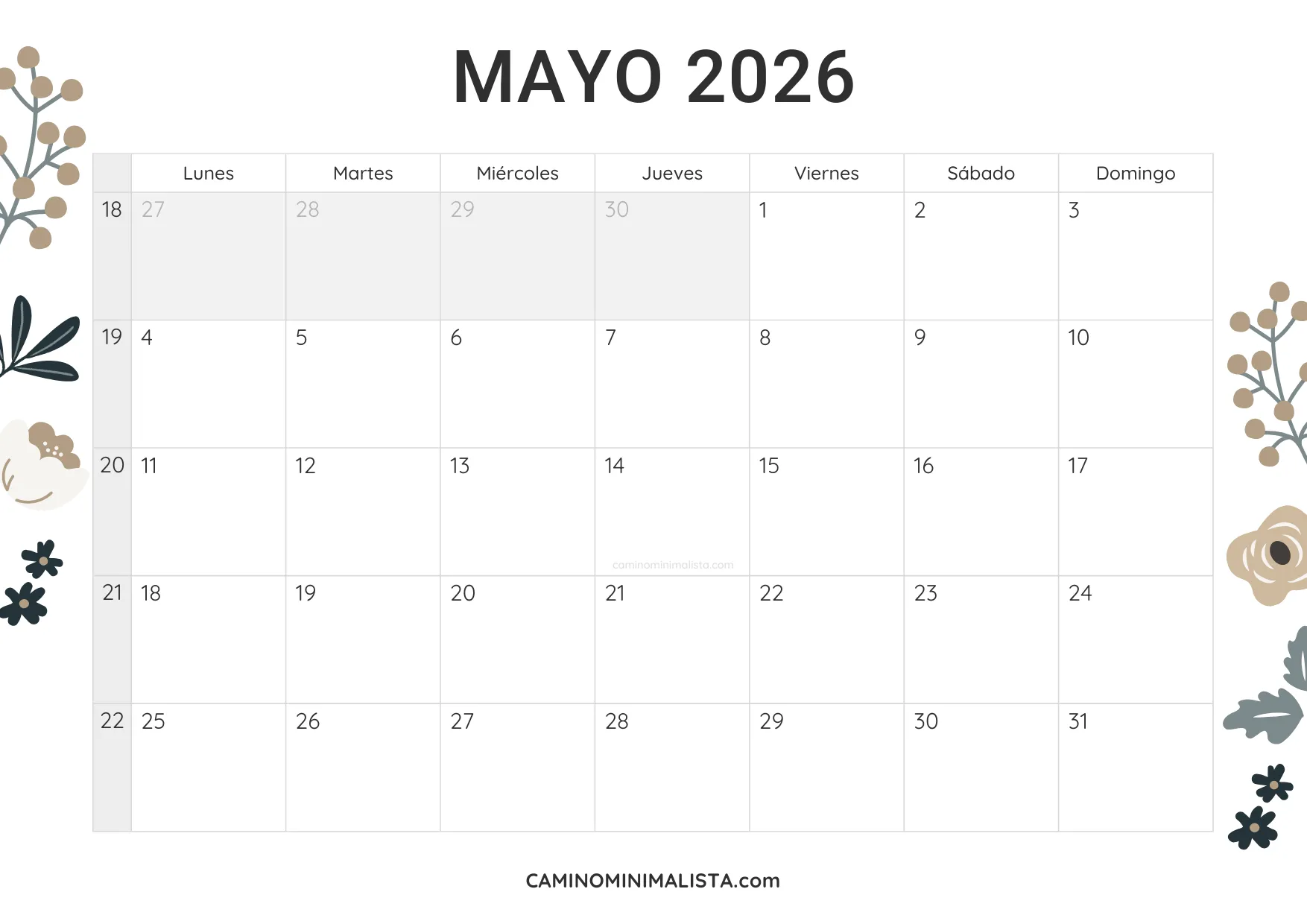 calendario mayo 2026 diseño vintage