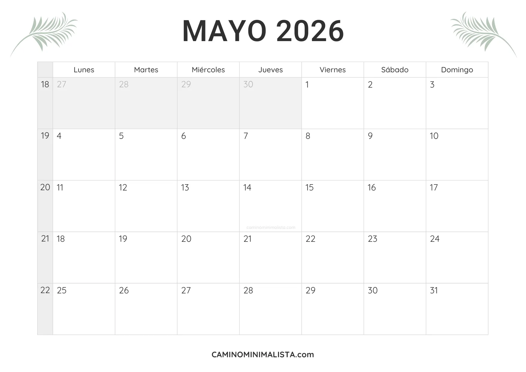 calendario mayo 2026 minimalista