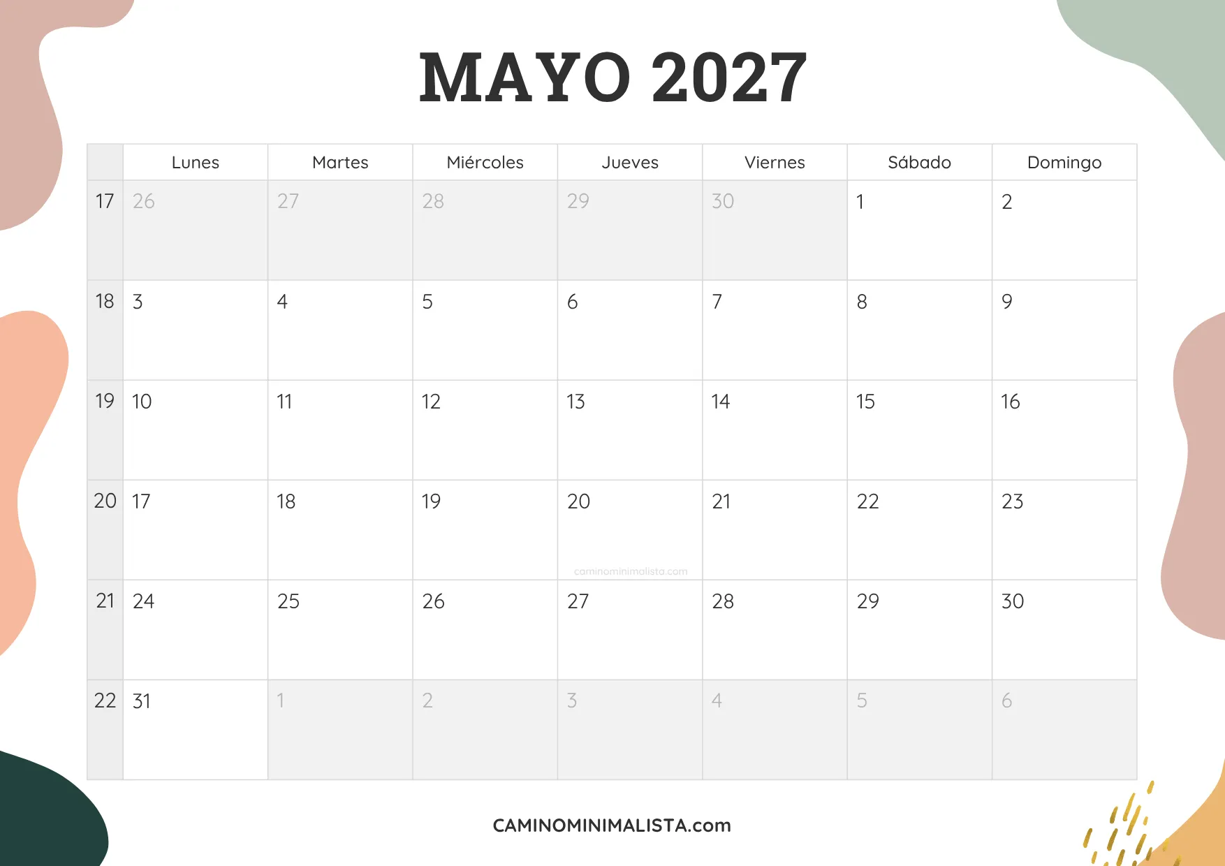 calendario mayo 2027 aesthetic