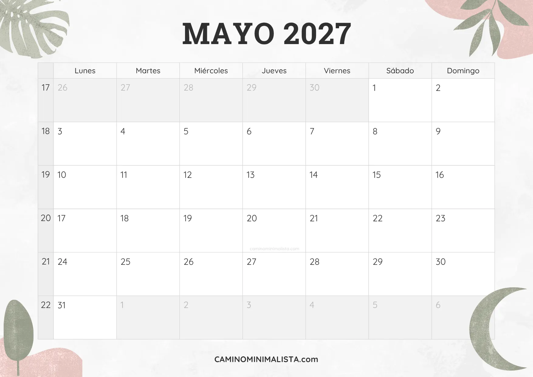 calendario mayo 2027 diseño acuarela bonito