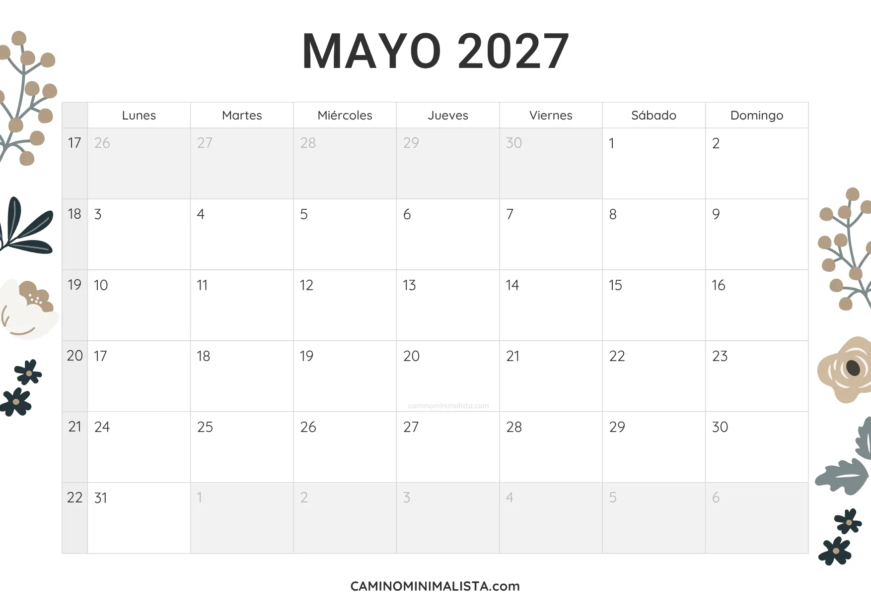 calendario mayo 2027 diseño vintage