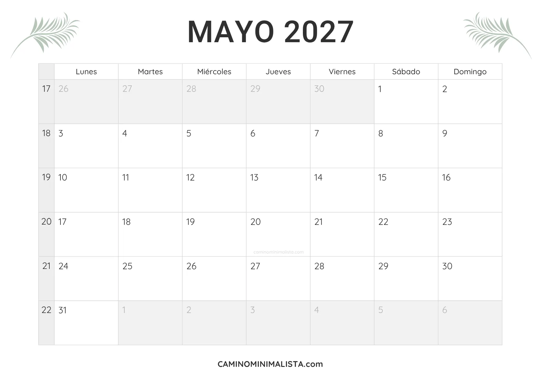 calendario mayo 2027 minimalista