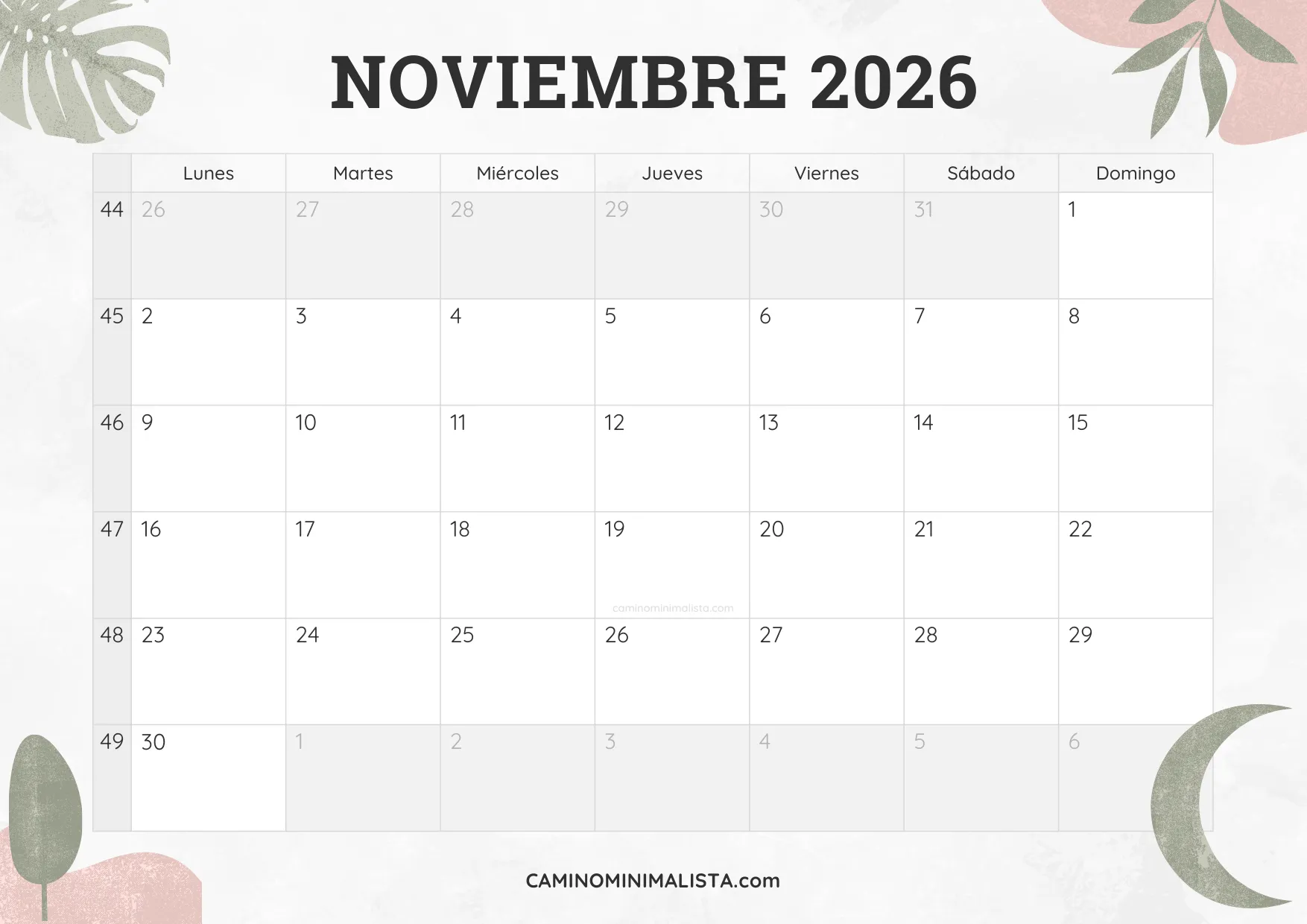 calendario noviembre 2026 diseño acuarela bonito