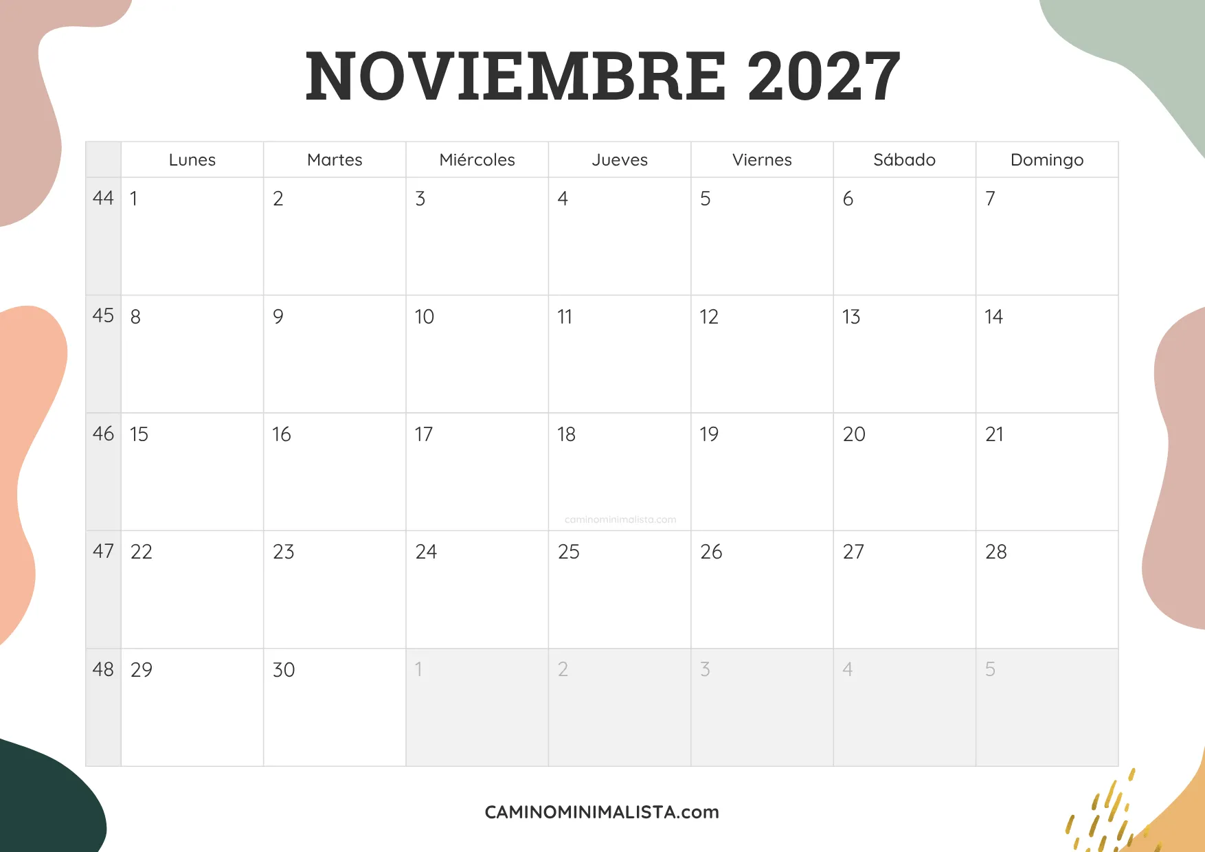 calendario noviembre 2027 aesthetic