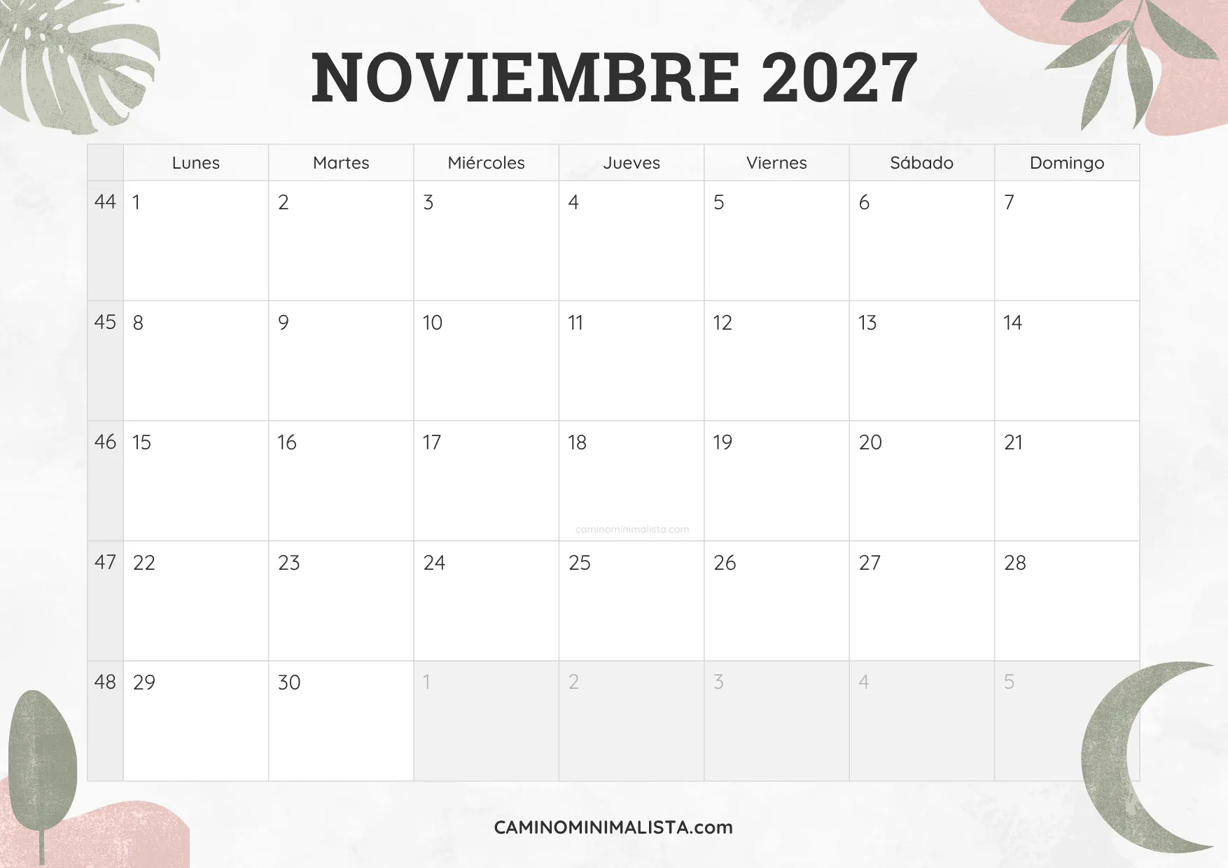 calendario noviembre 2027 diseño acuarela bonito