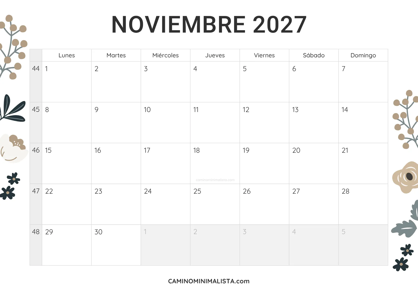 calendario noviembre 2027 diseño vintage