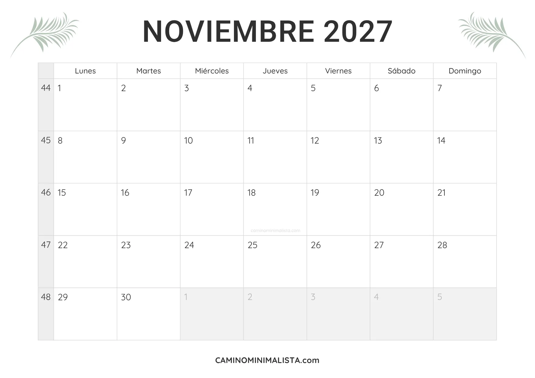 calendario noviembre 2027 minimalista