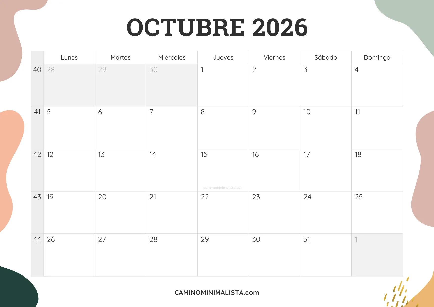 calendario octubre 2026 aesthetic