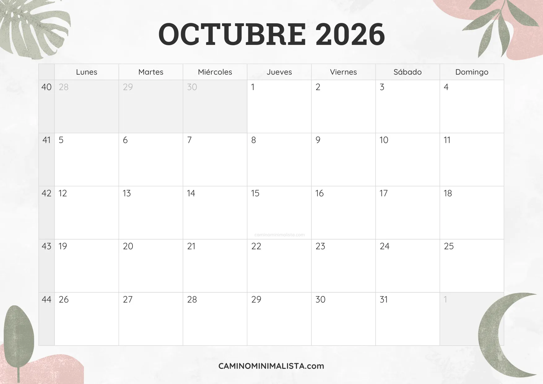 calendario octubre 2026 diseño acuarela bonito