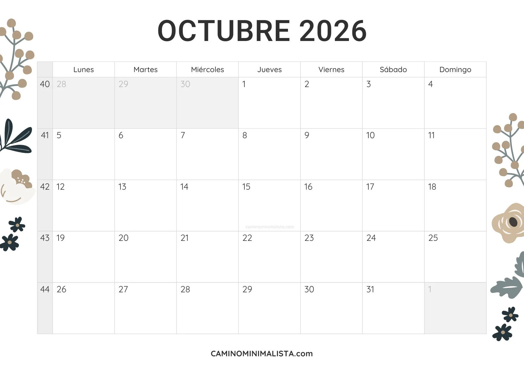 calendario octubre 2026 diseño vintage