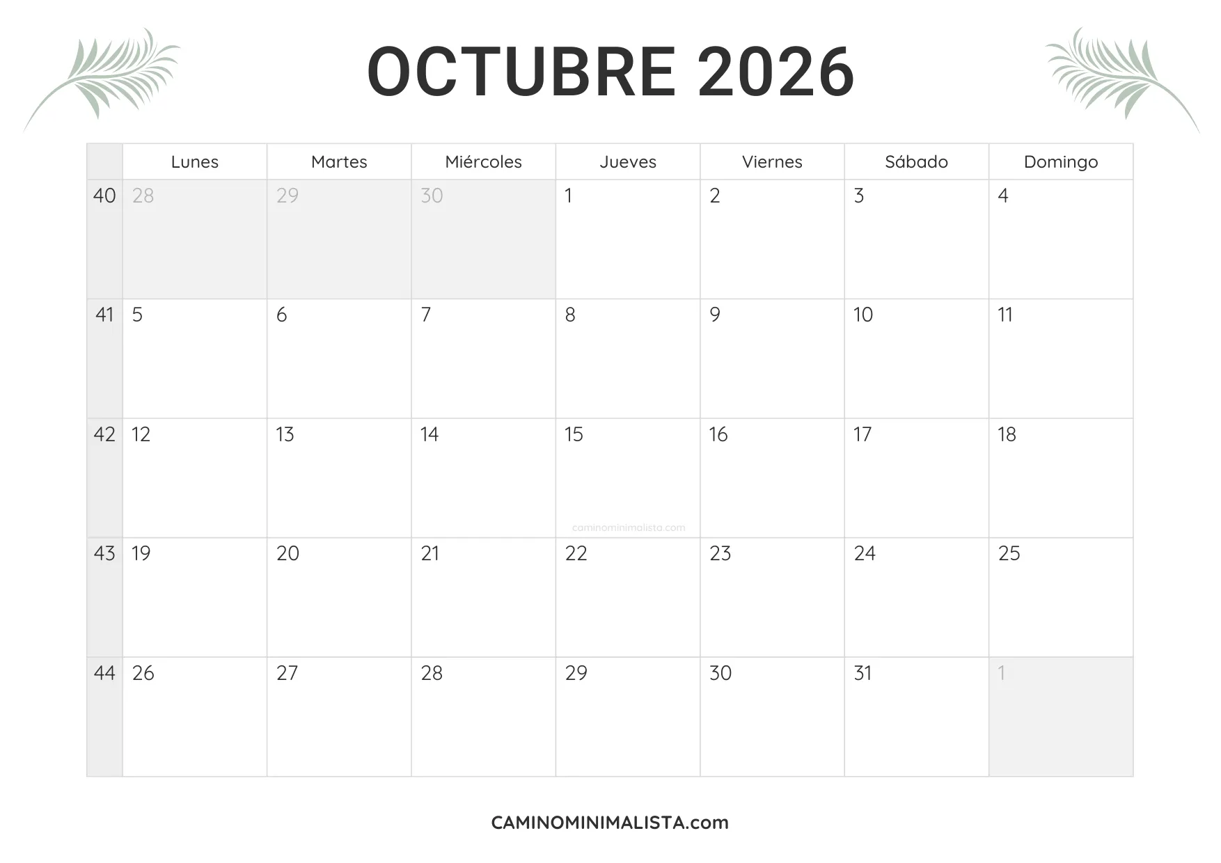 calendario octubre 2026 minimalista