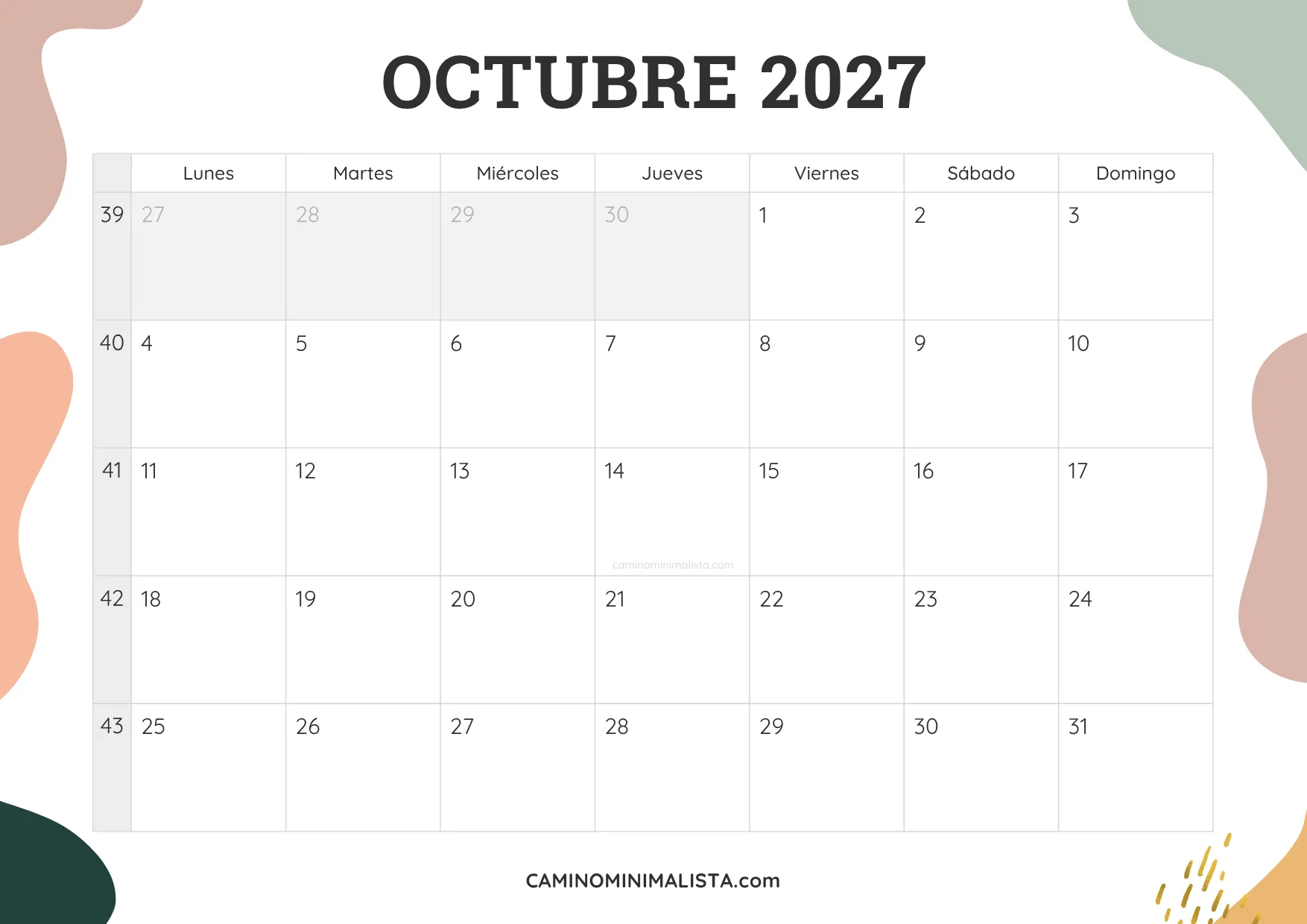 calendario octubre 2027 aesthetic