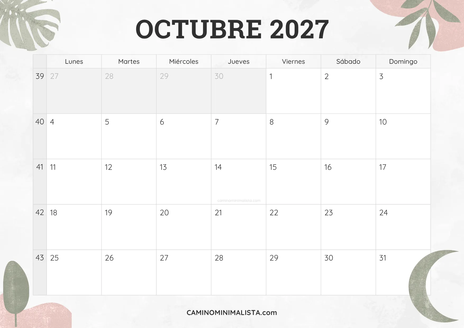 calendario octubre 2027 diseño acuarela bonito
