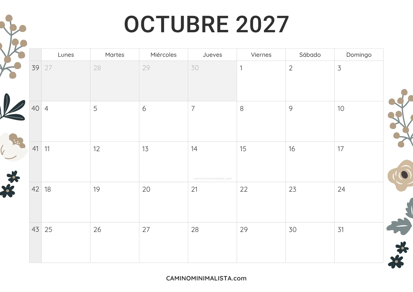 calendario octubre 2027 diseño vintage