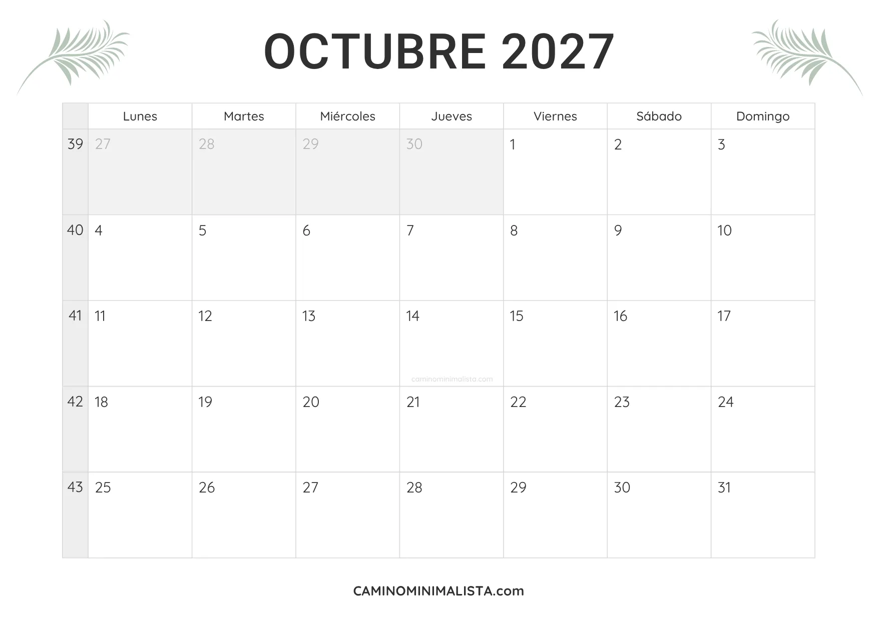 calendario octubre 2027 minimalista