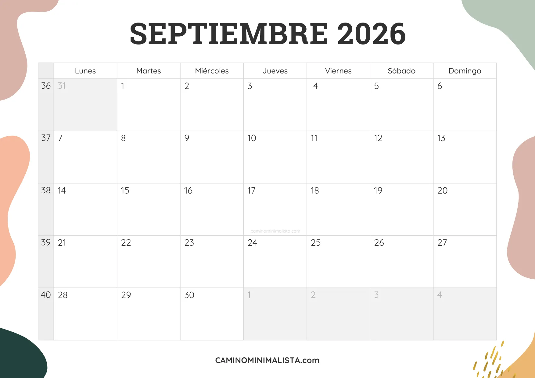 calendario septiembre 2026 aesthetic
