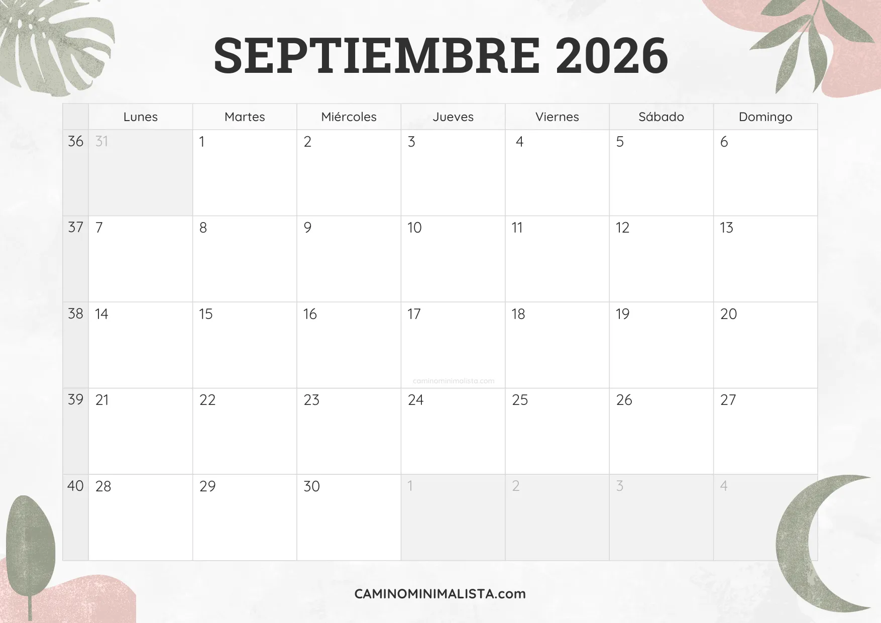 calendario septiembre 2026 diseño acuarela bonito
